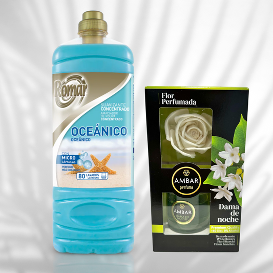 "Summer Bliss Bundle"- Oceanico Softener & Dama de Noche Diffuser Bundle" - Romar Brisa Oceanico Fabric Softener + Ambar Dama de Noche Flower Diffuser